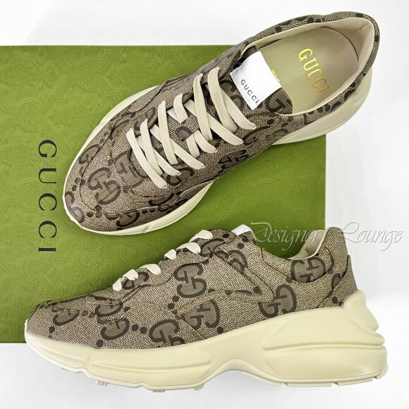 NEW GUCCI Men's Rhyton 100 Beige/Ebony Macro GG Supreme Canvas Sneakers G9 US9.5 - Picture 1 of 12